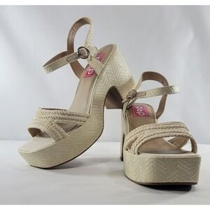 Pop Applaud Natural High Heeled Woven Sandals Sz 9M Buckle Closure Spring Summer